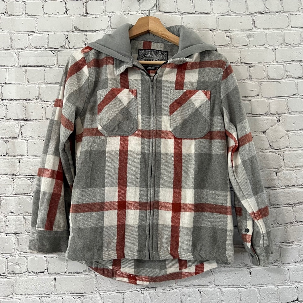 Brooklyn Cloth Boys Plaid Zip Up Flannel Hoodie Jacket Grey Red Large 14/16